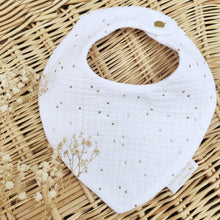 Charger l'image dans la galerie, Bavoir bandana bébé double gaze de coton blanc à pois dorés fabriqué en France - Les p'tites Merveilles de Bérénice