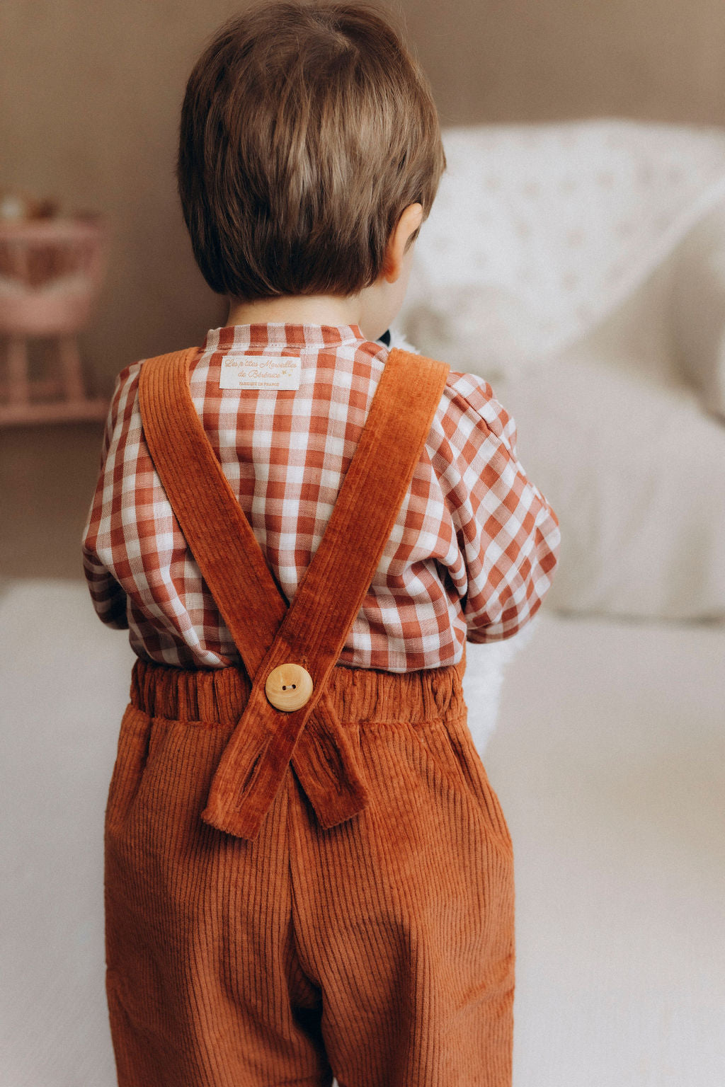 Salopette bébé enfant velours côtelé brique Fabriquée en France