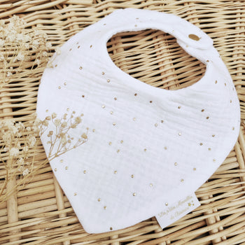 Bavoir bandana bébé double gaze de coton blanc à pois dorés fabriqué en France - Les p'tites Merveilles de Bérénice