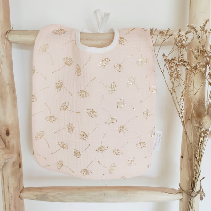 Grand bavoir bébé rose fleurs de pissenlits dorées en double gaze et nid d'abeille de coton BIO durable et écoresponsable fabriqué en France par Les p'tites Merveilles de Bérénice