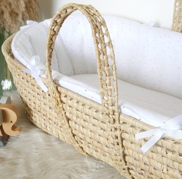 Couffin bébé habillage gaze de coton blanc pois dorés | Made in France